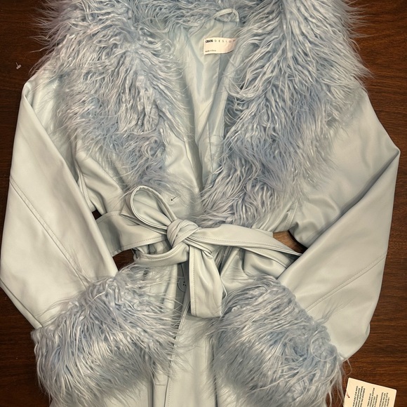 ASOS Sky Blue Leather Jacket with Plush Fur - Picture 2 of 10